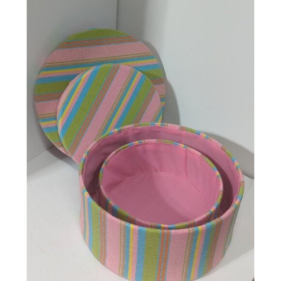 Set/ 2 Nesting Boxes Fabric Covered Round Stripe Pink Lime Aqua Yellow - Picture 3 of 13